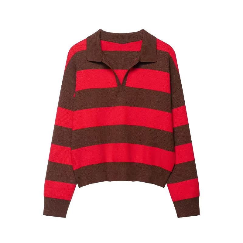 ETJ 2025 Herbst Damen neue Linie Street Style Mode gelb breit gestreift Polokragen lose Version des langärmeligen Pullovers
