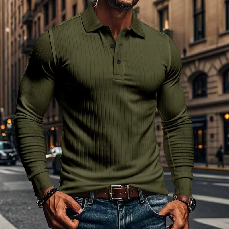 Grenzübergreifendes Herren-Poloshirt für den Herbst, klassisch, lässig, amerikanischer Stil, mit Revers, Knöpfen, langen Ärmeln und elastischem Rippenmuster.