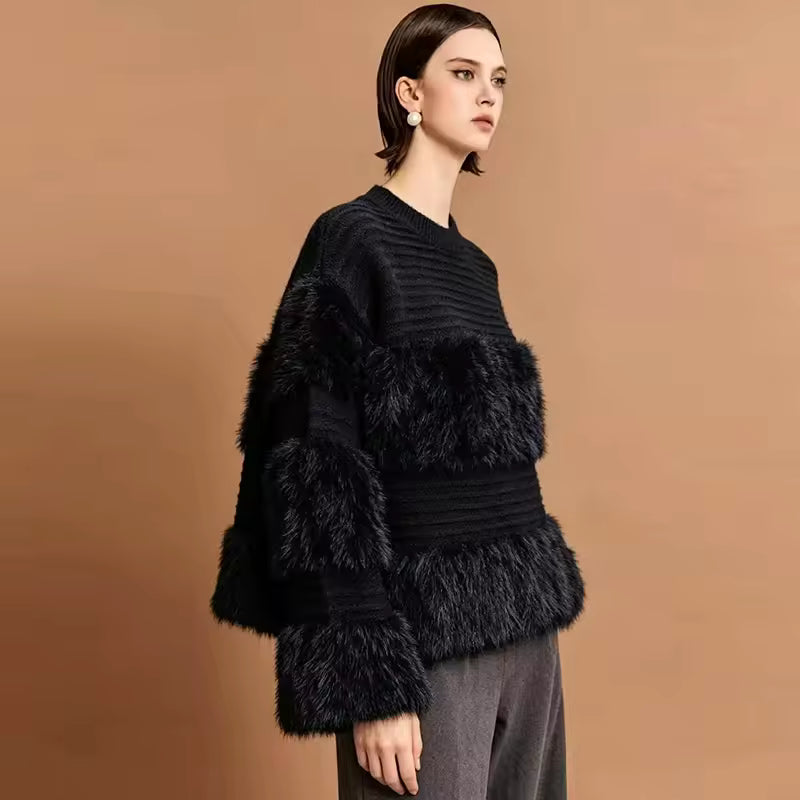 Weicher Kunstpelz-Pullover mit Rundhalsausschnitt, Langen Ärmeln und Überschnittener Schulter, Einfarbiges Top 2026, Lässiger Allrounder, Schicker Herbst-Pullover
