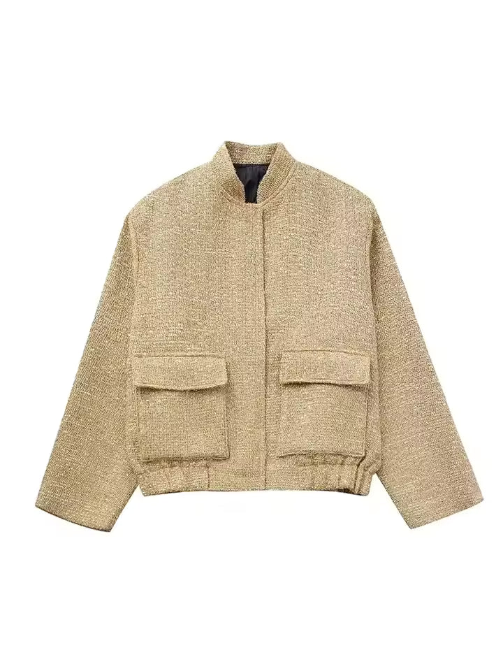 Frauen Shiny Pailletten Jacke Y2k Gold Farbe Stehkragen Langarm Kurzarm Mantel Herbst Winter Damen Hohe Streetwear