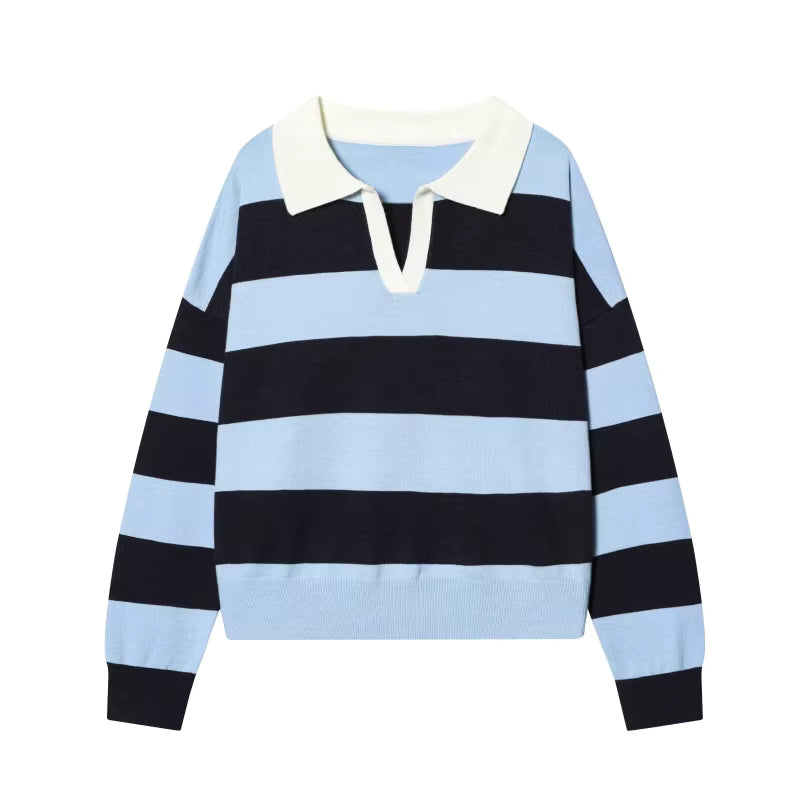 ETJ 2025 Herbst Damen neue Linie Street Style Mode gelb breit gestreift Polokragen lose Version des langärmeligen Pullovers
