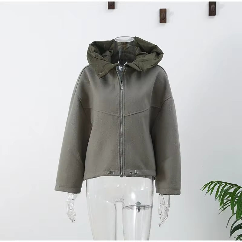 Lose Damen-Kapuzenjacke, Einfarbig, Patchwork, Reißverschluss, Langarm, Warme Mäntel, Herbst/Winter 2024, Schicke Streetwear für Damen