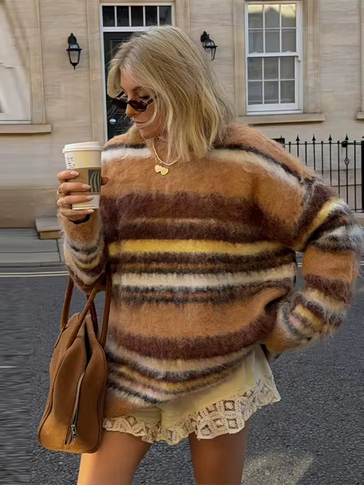 Schicke gestreifte Damenpullover, lässig, O-Ausschnitt, lange Ärmel, lose Pullover, 2026, Frühling und Herbst, elegante Dame, High Street-Pullover