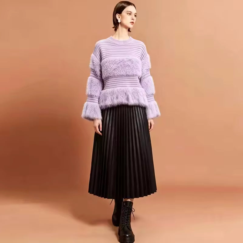 Weicher Kunstpelz-Pullover mit Rundhalsausschnitt, Langen Ärmeln und Überschnittener Schulter, Einfarbiges Top 2026, Lässiger Allrounder, Schicker Herbst-Pullover