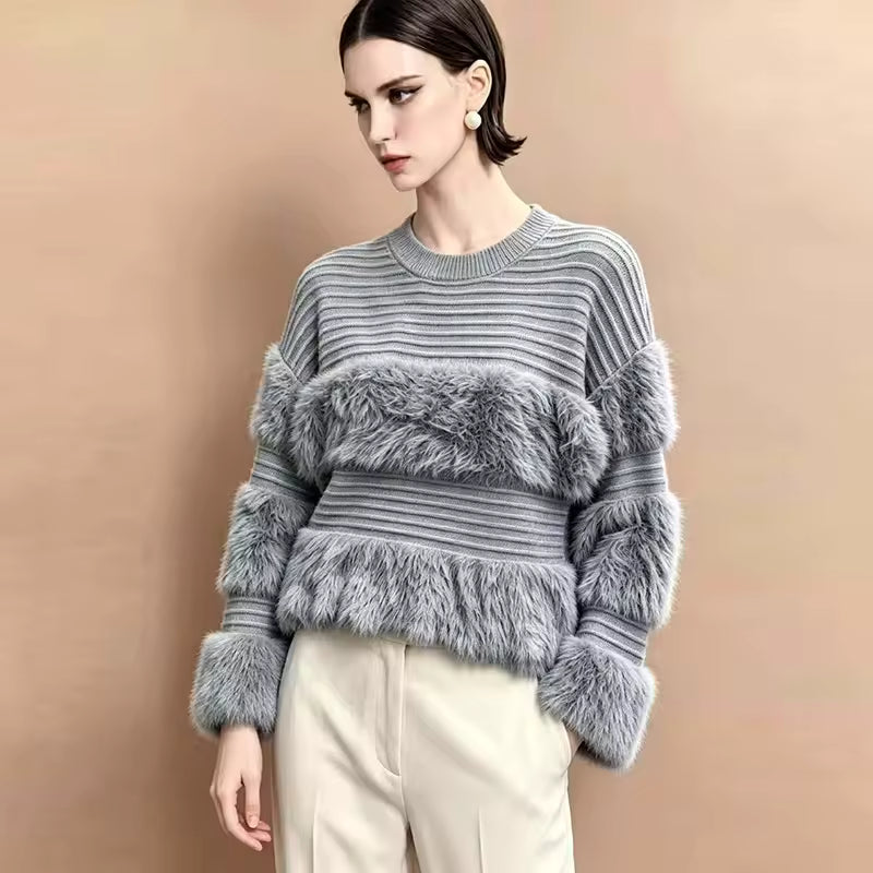 Weicher Kunstpelz-Pullover mit Rundhalsausschnitt, Langen Ärmeln und Überschnittener Schulter, Einfarbiges Top 2026, Lässiger Allrounder, Schicker Herbst-Pullover