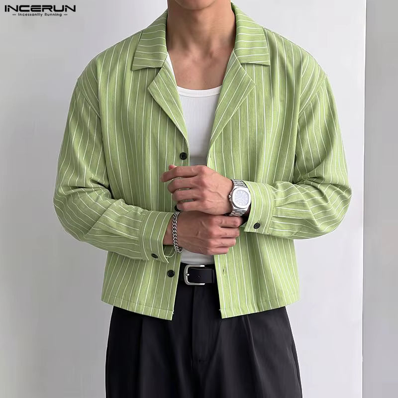 INCERUN Herren Gestreiftes Hemd mit Revers, Langarm, Knopfleiste, Locker Geschnitten, Streetwear im Koreanischen Stil, Modische Freizeithemden für Männer