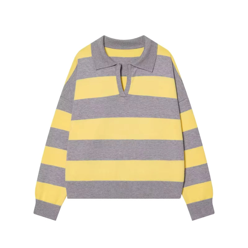 ETJ 2025 Herbst Damen neue Linie Street Style Mode gelb breit gestreift Polokragen lose Version des langärmeligen Pullovers