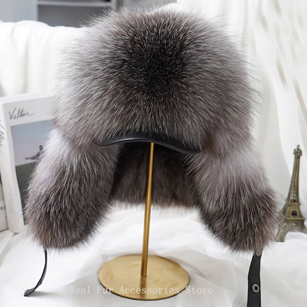 Neue Winter Herren 100% Echt Silber Fuchs Pelz Bomber Hut Waschbären Pelz Uschanka Kappe Trapper Russische Mann Ski Hüte caps Echtes Leder