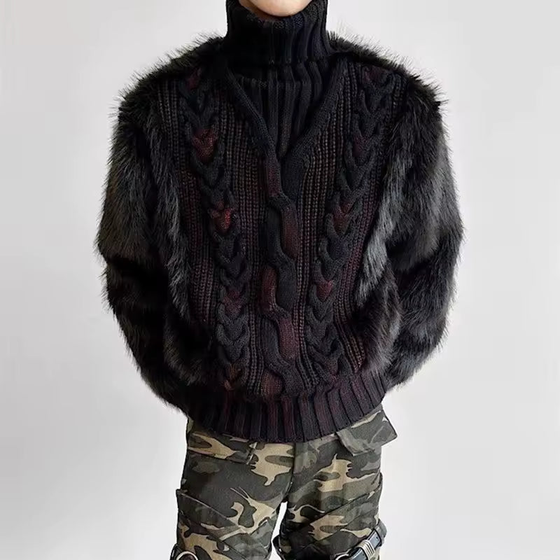 Winter Verdickter Warmer Pelzbesetzter Pullover für Damen und Herren Vintage Übergroßer Zopfmuster Flauschiger Rollkragenpullover Rot Schwarz