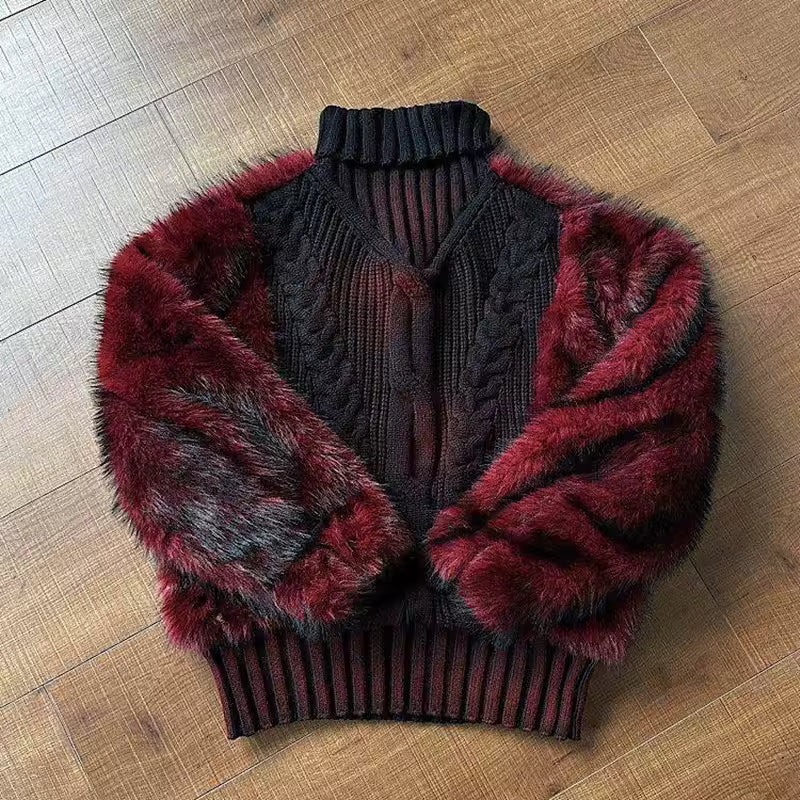Winter Verdickter Warmer Pelzbesetzter Pullover für Damen und Herren Vintage Übergroßer Zopfmuster Flauschiger Rollkragenpullover Rot Schwarz