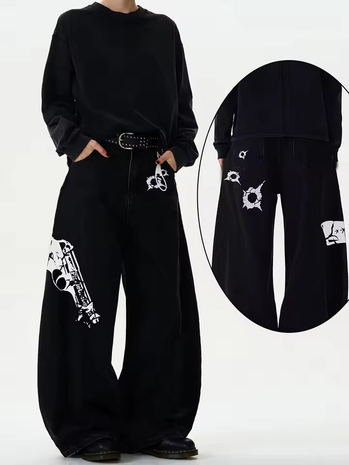 High Streets Frühling Sommer Herren-Jeans Amerikanischer Baggy-Stil Weites Bein Gebogene Schnittlinie Denim-Hose Locker Sitzende Einfarbige Trendige Herrenhose