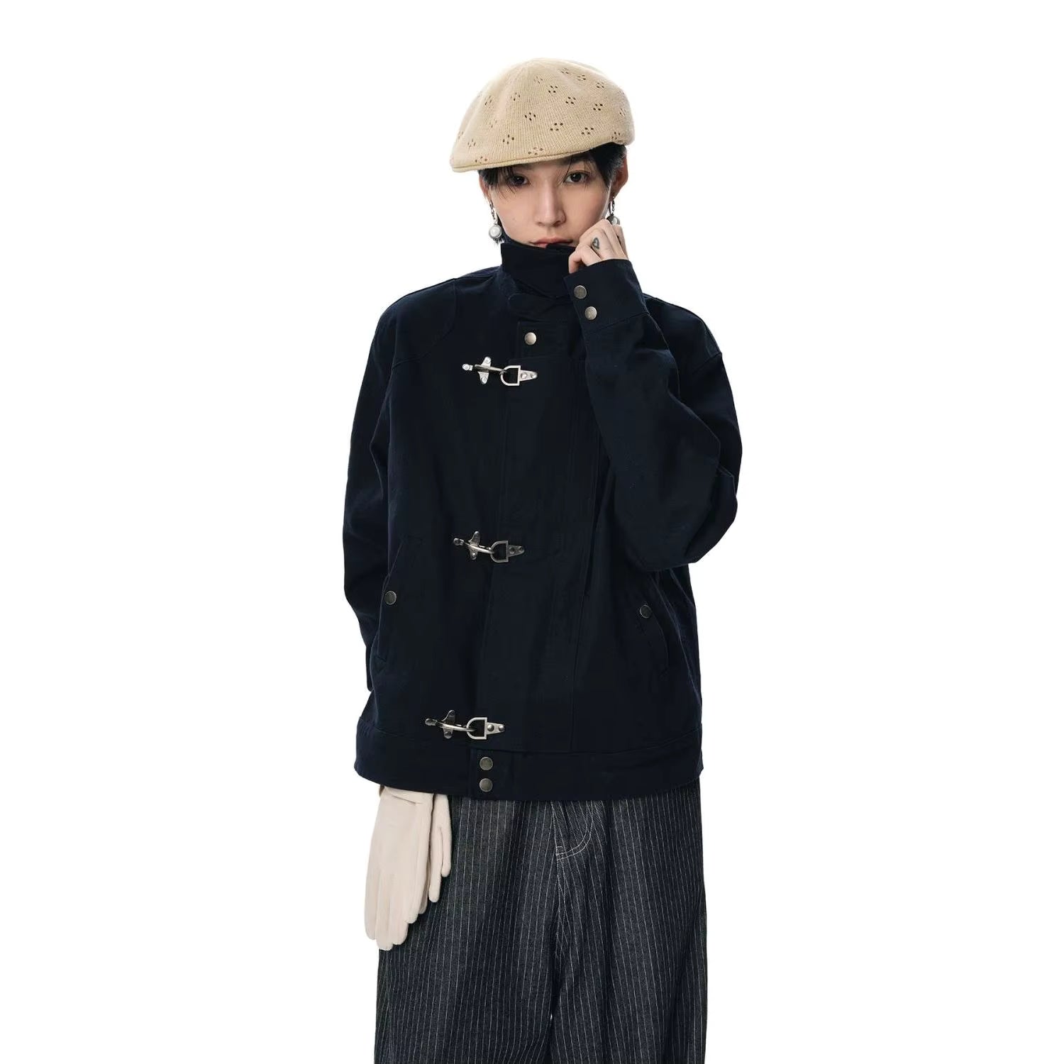 Amerikanische Y2k Harajuku Schwarze Retro Gothic High Street Flugzeugknopf-Jacke für Männer und Frauen Modische Koreanische Lässige Vintage-Jacke