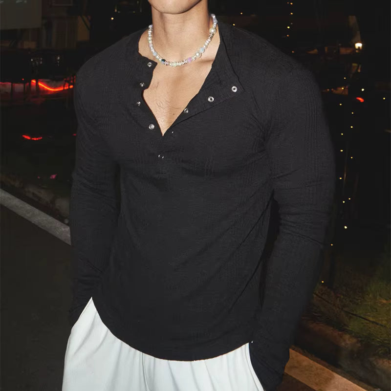 2026 Frühling Stilvolle Stricken Henley Shirts Männer Langarm Geknöpft Dünnes T-shirt Vintage Herren Einfarbig Strukturierte Stricken Jumper