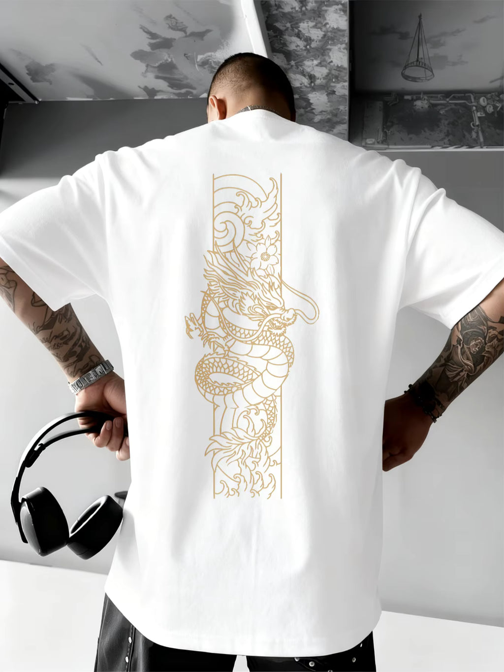 JOOCAR Goldenes Drachenmuster auf schwarzem T-Shirt, lässiges Baumwoll-T-Shirt für alle Jahreszeiten, Rundhalsausschnitt, weich, dehnbar, atmungsaktiv, kurze Ärmel, modisches Streetwear-Oberteil
