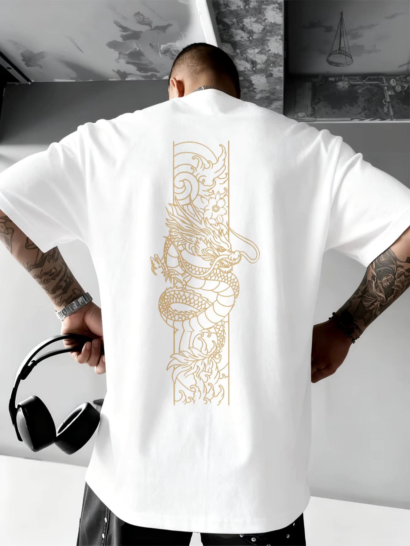 JOOCAR Goldenes Drachenmuster auf schwarzem T-Shirt, lässiges Baumwoll-T-Shirt für alle Jahreszeiten, Rundhalsausschnitt, weich, dehnbar, atmungsaktiv, kurze Ärmel, modisches Streetwear-Oberteil