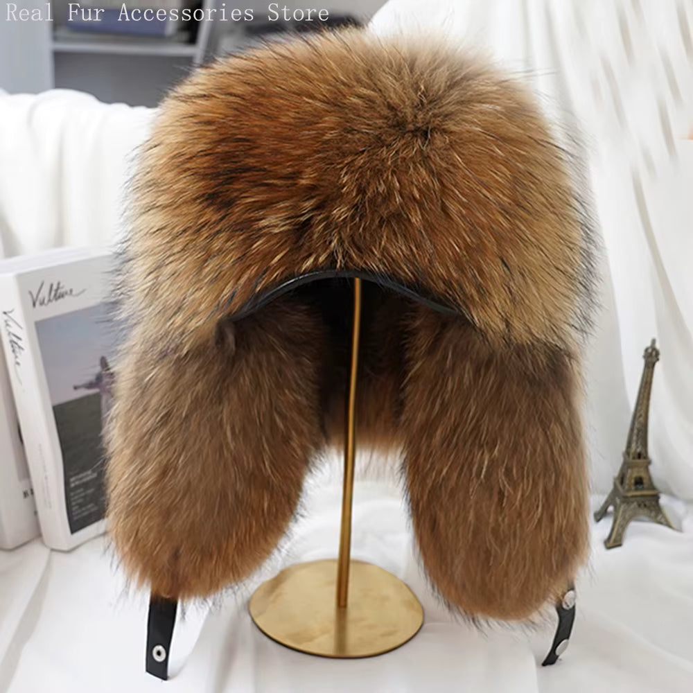Neue Winter Herren 100% Echt Silber Fuchs Pelz Bomber Hut Waschbären Pelz Uschanka Kappe Trapper Russische Mann Ski Hüte caps Echtes Leder
