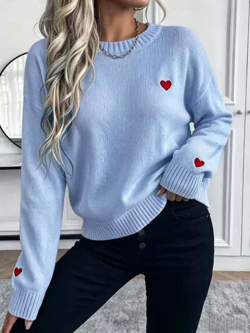 Eleganter Roter Herz-Strickpullover für Damen, Weicher Langarm-Loose-Fit-Pullover, Für Tägliches Pendeln und Formelle Anlässe