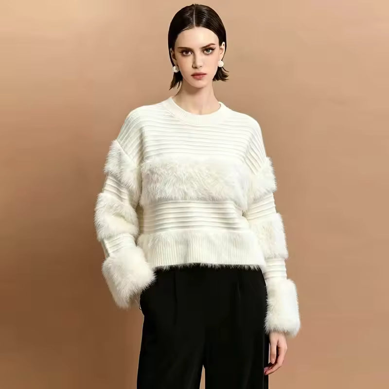 Weicher Kunstpelz-Pullover mit Rundhalsausschnitt, Langen Ärmeln und Überschnittener Schulter, Einfarbiges Top 2026, Lässiger Allrounder, Schicker Herbst-Pullover