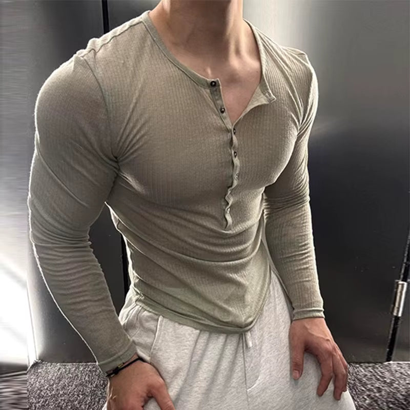 2026 Frühling Stilvolle Stricken Henley Shirts Männer Langarm Geknöpft Dünnes T-shirt Vintage Herren Einfarbig Strukturierte Stricken Jumper