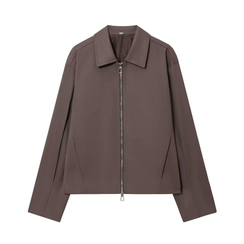 Damen Casual Einfarbige Reißverschluss-Jacke Damen Streetwear mit Revers und Taschen Langarm Schlichte Plissierte Damen-Oberbekleidung Modische Bomberjacke