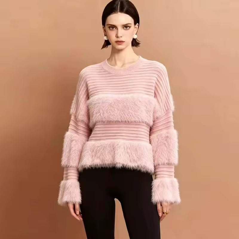 Weicher Kunstpelz-Pullover mit Rundhalsausschnitt, Langen Ärmeln und Überschnittener Schulter, Einfarbiges Top 2026, Lässiger Allrounder, Schicker Herbst-Pullover