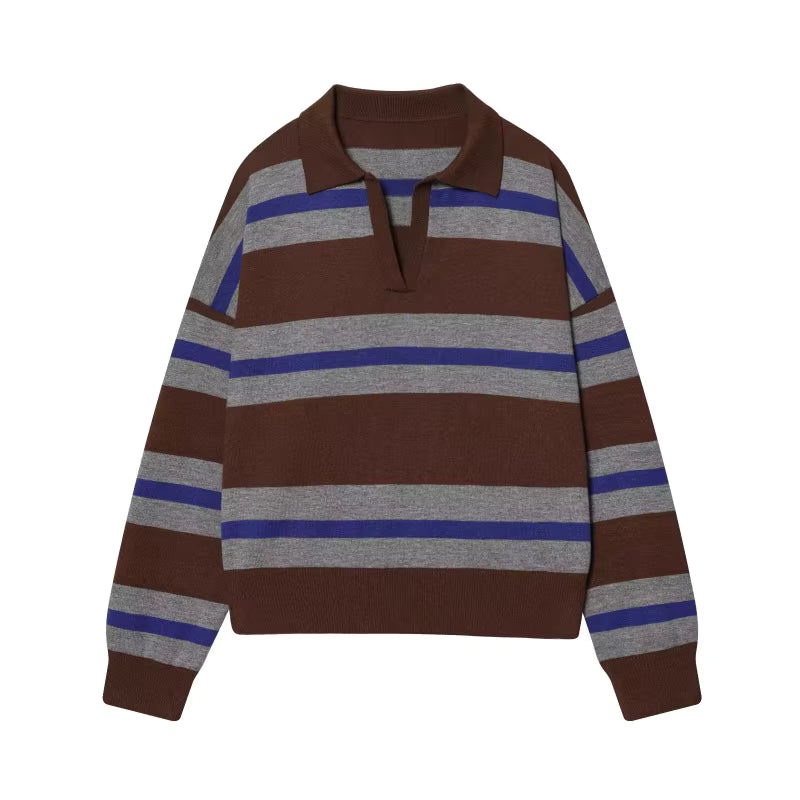ETJ 2025 Herbst Damen neue Linie Street Style Mode gelb breit gestreift Polokragen lose Version des langärmeligen Pullovers