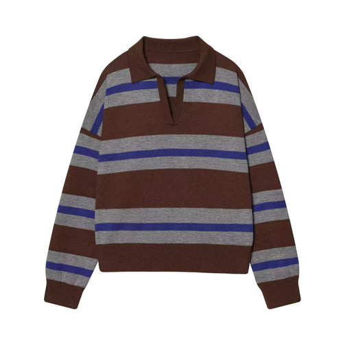 ETJ 2025 Herbst Damen neue Linie Street Style Mode gelb breit gestreift Polokragen lose Version des langärmeligen Pullovers